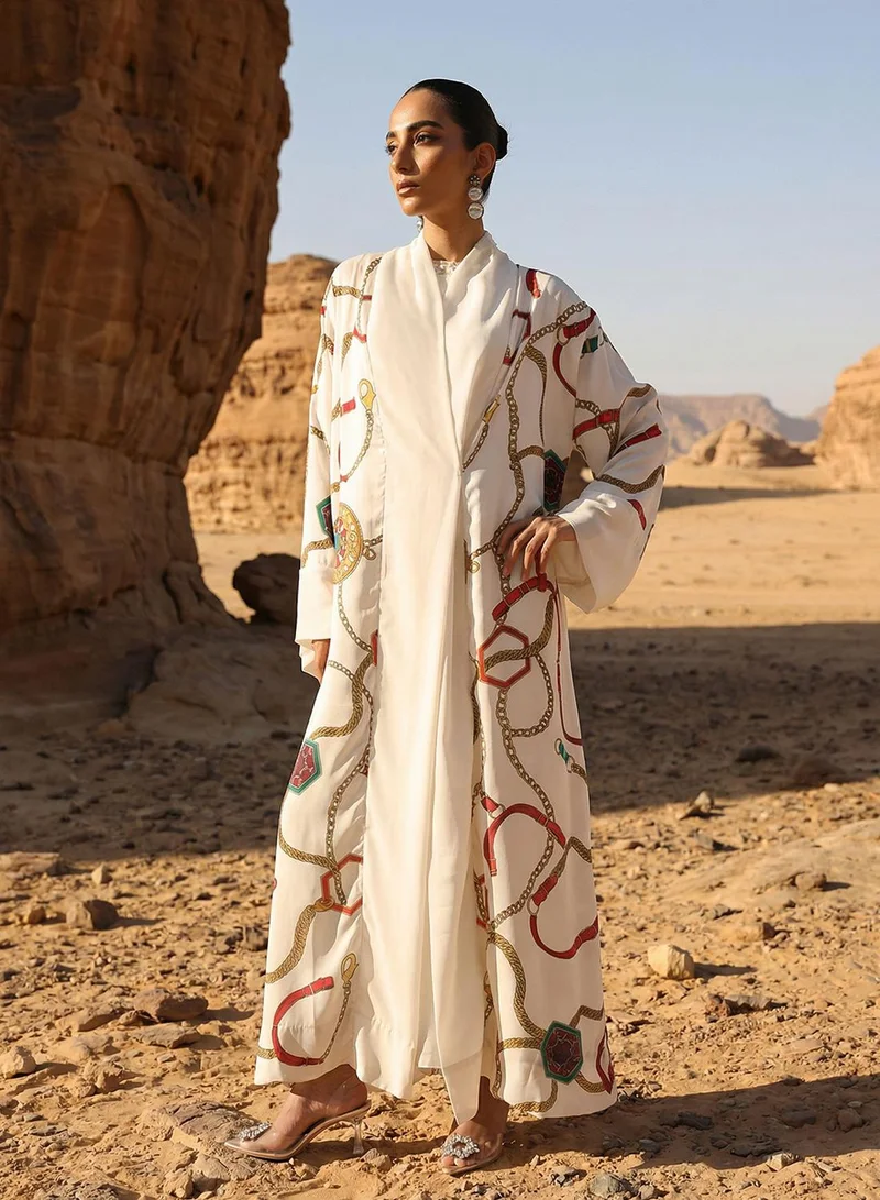 ISHIN  Off White Abstract print layered Abaya with Hijab for Women | Best Price UAE